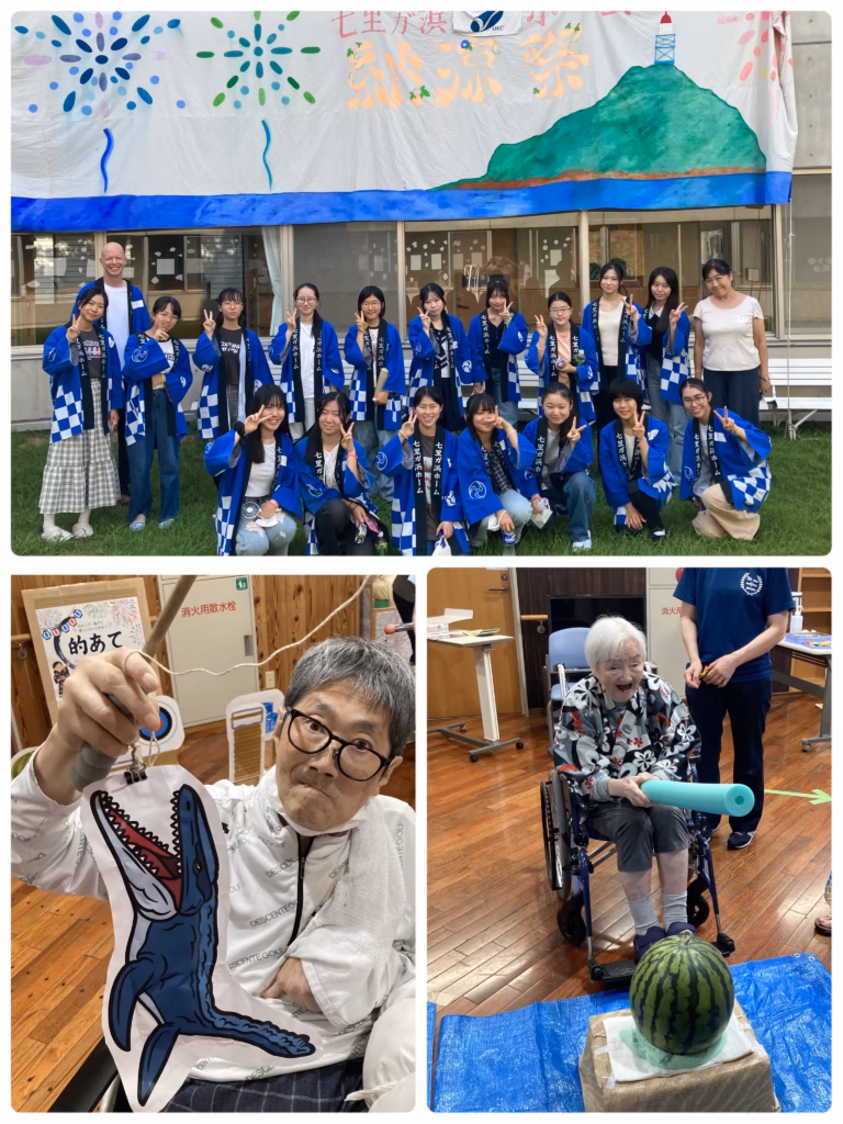 2026年の納涼祭を楽しむ入居者様と学生とスタッフ